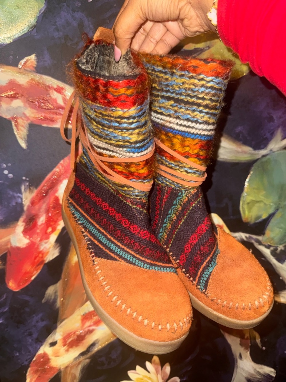 Toms Orange Suede Multicolor Knit Lace-Up Boots